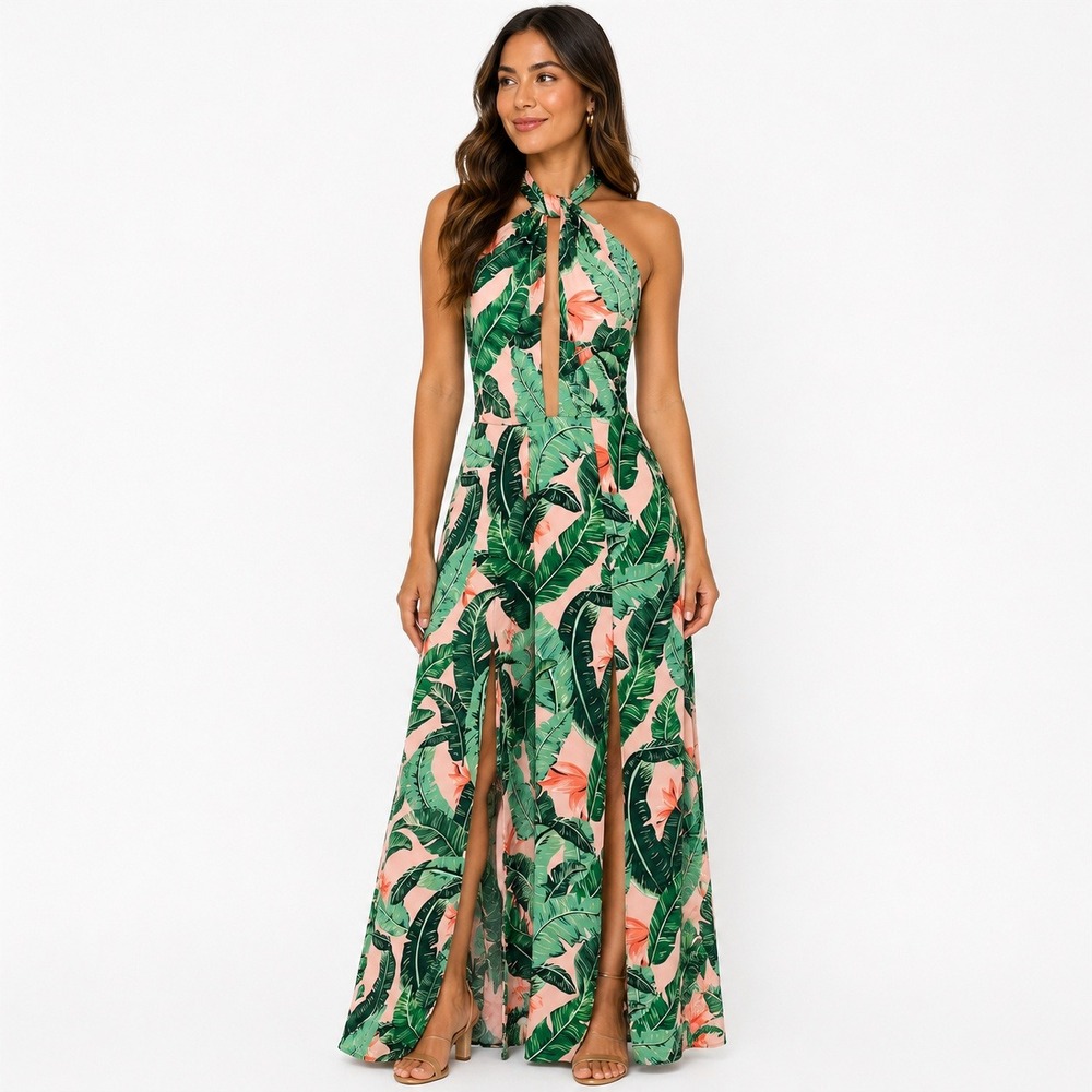 Show Me Your Mumu x Barbie Millie Maxi Dress M Tropical Palm Halter Slit Resort